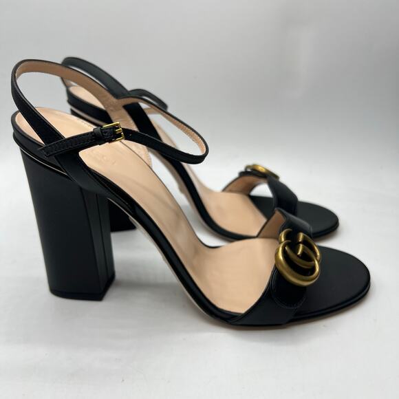 Gucci Marmont GG Platform Sandals Size 42 US 12 Black Leather Logo Block Heel - Picture 7 of 14